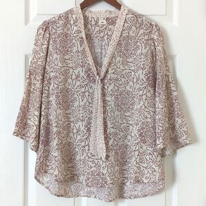 Warm NY Floral Printed Silk Tied V-neck Quarter Bell Sleeve Blouse Cream Medium